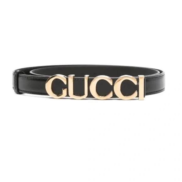 Gucci Black Leather Belt with Gold Lettering NEW with dust bag size 80 RARE - Picture 2 of 10